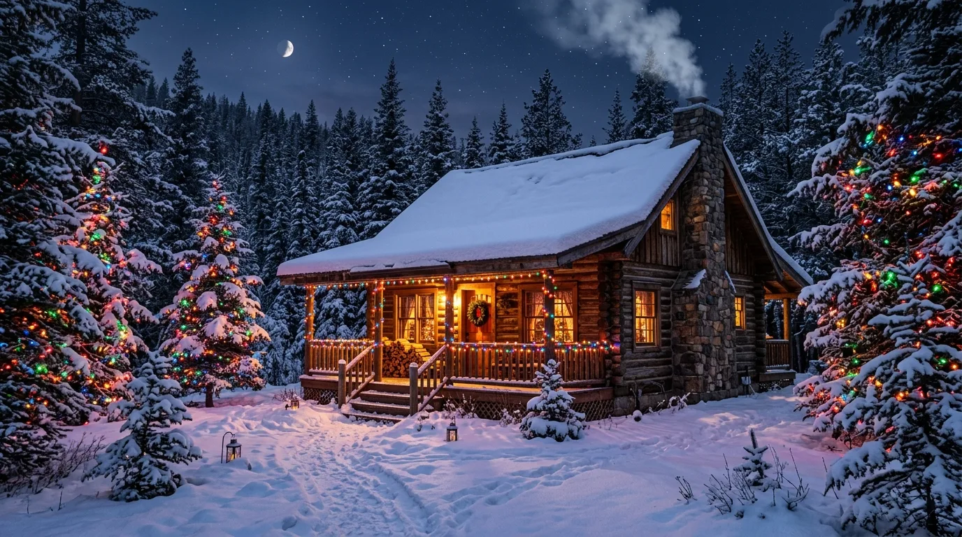 Rustic Cabin With Multi-Colored Lights